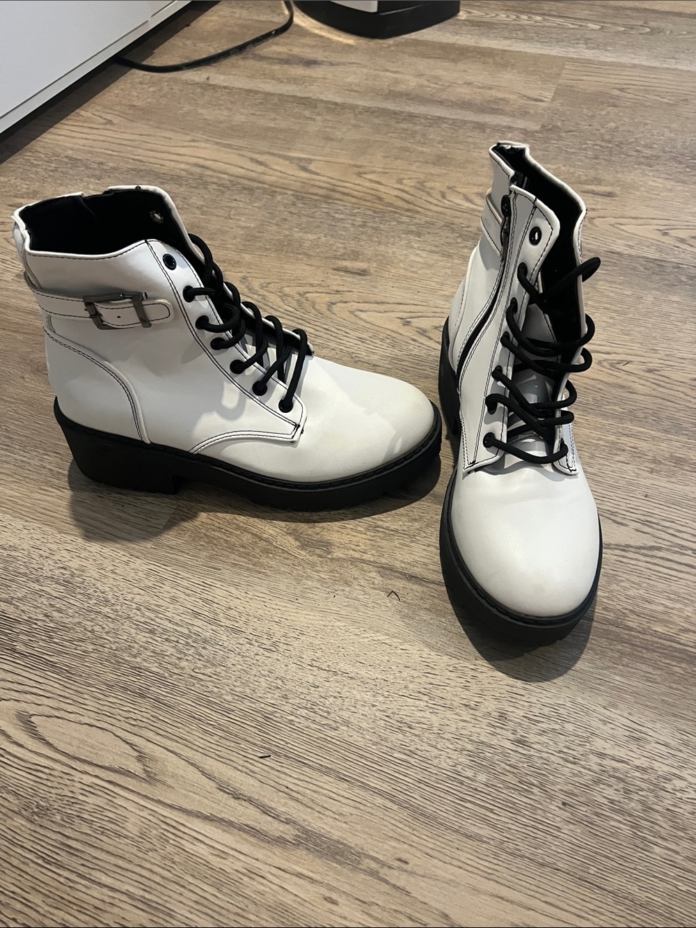 Women's White Combat Boots with Black Trim - Stylish Lace-Up Ankle Boot
